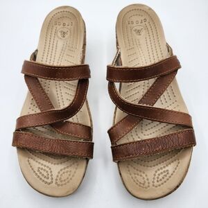 CROCS Brown Strappy Leather Sandals 2" Cork Wedge Heel Sz 9